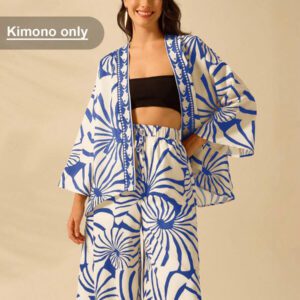 CAJUNI Kimono court couvrant à manches lanternes, imprimé bohème, casual d'été et vacances, style tropical de plage