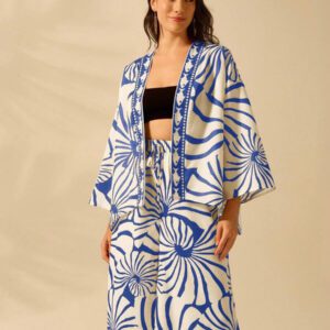 CAJUNI Kimono court couvrant à manches lanternes, imprimé bohème, casual d'été et vacances, style tropical de plage