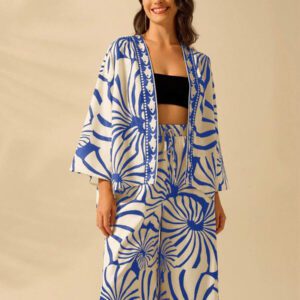 CAJUNI Kimono court couvrant à manches lanternes, imprimé bohème, casual d'été et vacances, style tropical de plage