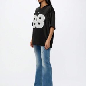SUMWON WOMEN T-shirt oversize avec appliqué en dentelle, détails en maille, style de jersey universitaire, coupe ample, graphique numérique, style décontracté d'été