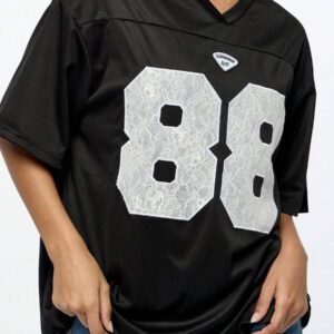 SUMWON WOMEN T-shirt oversize avec appliqué en dentelle, détails en maille, style de jersey universitaire, coupe ample, graphique numérique, style décontracté d'été
