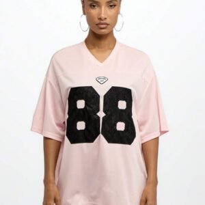 SUMWON WOMEN T-shirt oversize avec appliqué en dentelle, détails en maille, style de jersey universitaire, coupe ample, graphique numérique, style décontracté d'été