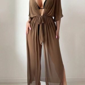 Swim Lushoire 2025 Kimono longue pour couvrir avec taille à cordon et imprimé de points, cache-maillot de plage pour vacances d'été