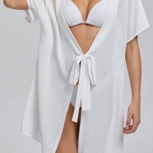 Kimono voilé blanc pour femmes à manches courtes avec nœud papillon et ceinture, cache-maillot de plage d'été