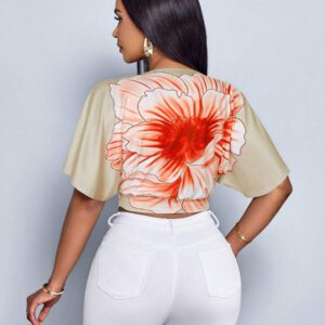 SOLERSUN Chemise de sortie à manches courtes pour femmes, avec imprimé tropical élégant, plissée, ajourée, ajustée, avec boucle métallique, design de niche