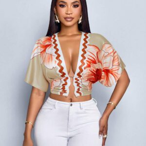 SOLERSUN Chemise de sortie à manches courtes pour femmes, avec imprimé tropical élégant, plissée, ajourée, ajustée, avec boucle métallique, design de niche