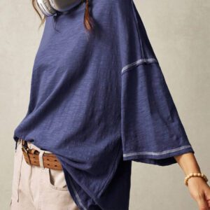 Bohemela T-shirt décontracté à col rond tricoté de couleur unie avec manches 3/4 ample et lavé