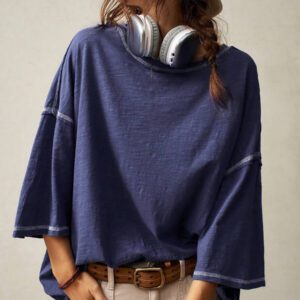 Bohemela T-shirt décontracté à col rond tricoté de couleur unie avec manches 3/4 ample et lavé