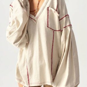 Bohemela Sweat-shirt ample pour femmes à col en V, manches longues, en maille unie, avec épaules tombantes, style décontracté