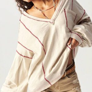 Bohemela Sweat-shirt ample pour femmes à col en V, manches longues, en maille unie, avec épaules tombantes, style décontracté