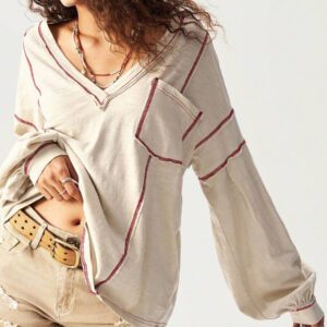 Bohemela Sweat-shirt ample pour femmes à col en V, manches longues, en maille unie, avec épaules tombantes, style décontracté