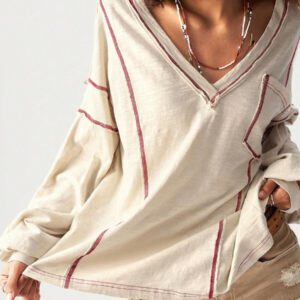 Bohemela Sweat-shirt ample pour femmes à col en V, manches longues, en maille unie, avec épaules tombantes, style décontracté
