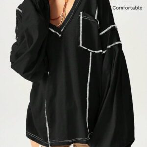 Bohemela Sweat-shirt ample pour femmes à col en V, manches longues, en maille unie, avec épaules tombantes, style décontracté