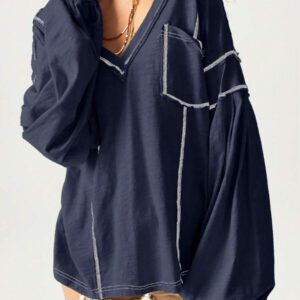 Bohemela Sweat-shirt ample pour femmes à col en V, manches longues, en maille unie, avec épaules tombantes, style décontracté