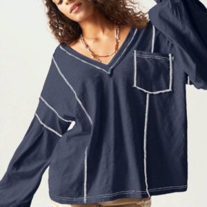 Bohemela Sweat-shirt ample pour femmes à col en V, manches longues, en maille unie, avec épaules tombantes, style décontracté