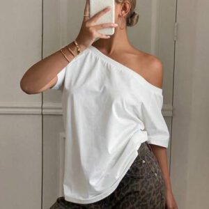 Livesso Top asymétrique pour femme avec design sans bretelles, T-shirt à manches courtes