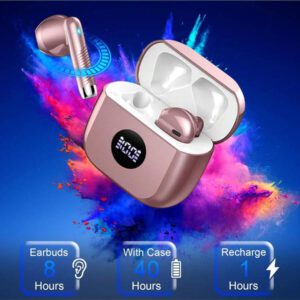 Écouteurs sans fil, écouteurs Bluetooth 5.3 avec affichage de puissance LED, casque stéréo basse, écouteurs intra-auriculaires avec réduction de bruit et microphone, 40h de lecture, étui de transport mini étanche IP7 pour activités sportives, pour Android, iOS, Apple iPhone, iPad, ordinateurs portables, cadeaux pour la famille, les amis, les enfants, Halloween, automne