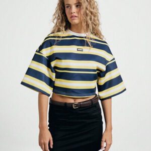 AiiRZ T-shirt court à encolure ronde avec épaulettes tombantes et rayures oversize