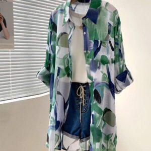 Chemise longue à manches longues imprimée pour femmes - Coupe ample, boutonnée, mi-longue, chemise verte d'Halloween, tenue adulte pour la rentrée scolaire | Blouse imprimée géométrique