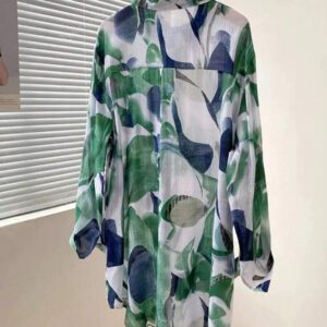 Chemise longue à manches longues imprimée pour femmes - Coupe ample, boutonnée, mi-longue, chemise verte d'Halloween, tenue adulte pour la rentrée scolaire | Blouse imprimée géométrique