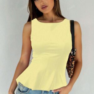 1 pièce Top casual à volants en tricot de couleur unie, Été