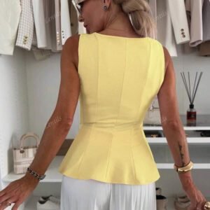 1 pièce Top casual à volants en tricot de couleur unie, Été