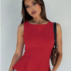 1 pièce Top casual à volants en tricot de couleur unie, Été