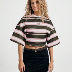 AiiRZ T-shirt court à encolure ronde avec épaulettes tombantes et rayures oversize