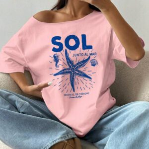 Flirla T-shirt à manches courtes blanc ample et asymétrique avec motifs d'étoile de mer, d'hippocampe et de vie marine, grande taille