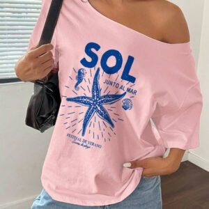 Flirla T-shirt à manches courtes blanc ample et asymétrique avec motifs d'étoile de mer, d'hippocampe et de vie marine, grande taille