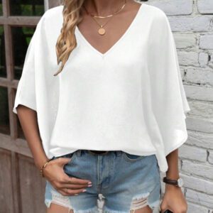 SHEIN Tall Blouse ample décontractée d'été pour femmes avec encolure en V et manches chauve-souris tressées