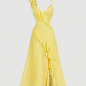 SHEIN X Belle Mariano SHEIN MOD Robe fourreau en mousseline de soie asymétrique avec volants et fente haute, de couleur jaune