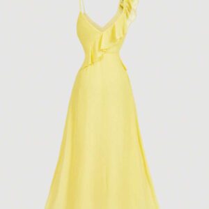 SHEIN X Belle Mariano SHEIN MOD Robe fourreau en mousseline de soie asymétrique avec volants et fente haute, de couleur jaune