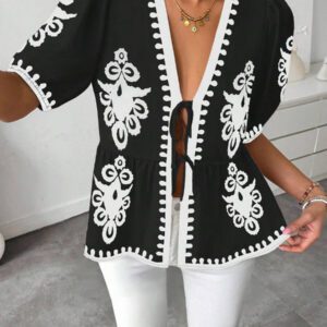Breezaya Blouse femme à manches en forme de lanterne avec nœud papillon et imprimé tout-sur-tout