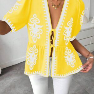 Breezaya Blouse femme à manches en forme de lanterne avec nœud papillon et imprimé tout-sur-tout
