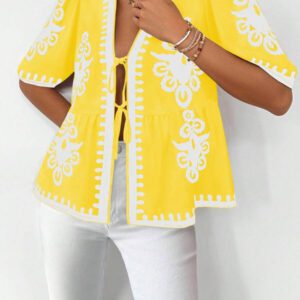 Breezaya Blouse femme à manches en forme de lanterne avec nœud papillon et imprimé tout-sur-tout