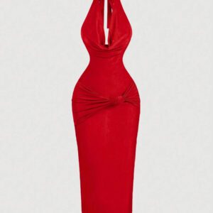 SHEIN MOD Robe mi-longue près du corps avec encolure drapée marron pour femmes, robe élégante, robe de soirée, robe de Nouvel An, robe de vacances du Nouvel An, robe de fête du Nouvel An pour femmes, robe de bal masqué