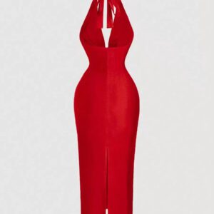 SHEIN MOD Robe mi-longue près du corps avec encolure drapée marron pour femmes, robe élégante, robe de soirée, robe de Nouvel An, robe de vacances du Nouvel An, robe de fête du Nouvel An pour femmes, robe de bal masqué