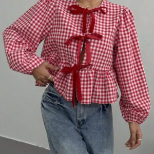 SHEIN EZwear Chemise ample à manches longues en velours vintage moderne à carreaux noir et blanc avec nœud devant, manches bouffantes. Hauts à manches longues