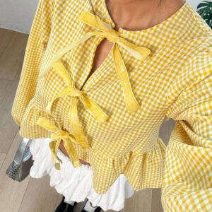 SHEIN EZwear Chemise ample à manches longues en velours vintage moderne à carreaux noir et blanc avec nœud devant, manches bouffantes. Hauts à manches longues