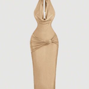 SHEIN MOD Robe mi-longue près du corps avec encolure drapée marron pour femmes, robe élégante, robe de soirée, robe de Nouvel An, robe de vacances du Nouvel An, robe de fête du Nouvel An pour femmes, robe de bal masqué