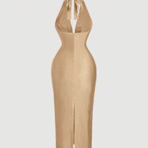 SHEIN MOD Robe mi-longue près du corps avec encolure drapée marron pour femmes, robe élégante, robe de soirée, robe de Nouvel An, robe de vacances du Nouvel An, robe de fête du Nouvel An pour femmes, robe de bal masqué