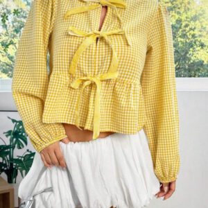 SHEIN EZwear Chemise ample à manches longues en velours vintage moderne à carreaux noir et blanc avec nœud devant, manches bouffantes. Hauts à manches longues