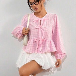 SHEIN EZwear Chemise ample à manches longues en velours vintage moderne à carreaux noir et blanc avec nœud devant, manches bouffantes. Hauts à manches longues