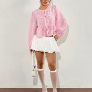 SHEIN EZwear Chemise ample à manches longues en velours vintage moderne à carreaux noir et blanc avec nœud devant, manches bouffantes. Hauts à manches longues