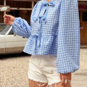 SHEIN EZwear Chemise ample à manches longues en velours vintage moderne à carreaux noir et blanc avec nœud devant, manches bouffantes. Hauts à manches longues