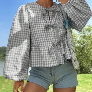 SHEIN EZwear Chemise ample à manches longues en velours vintage moderne à carreaux noir et blanc avec nœud devant, manches bouffantes. Hauts à manches longues