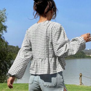 SHEIN EZwear Chemise ample à manches longues en velours vintage moderne à carreaux noir et blanc avec nœud devant, manches bouffantes. Hauts à manches longues
