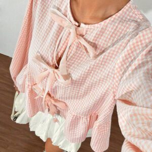 SHEIN EZwear Chemise ample à manches longues en velours vintage moderne à carreaux noir et blanc avec nœud devant, manches bouffantes. Hauts à manches longues