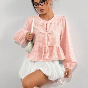 SHEIN EZwear Chemise ample à manches longues en velours vintage moderne à carreaux noir et blanc avec nœud devant, manches bouffantes. Hauts à manches longues